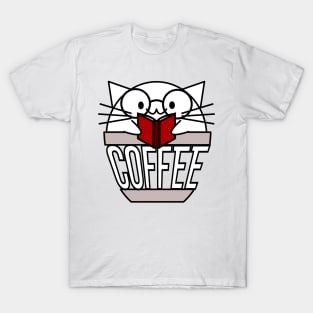 Cat in coffee cup with warped text reading book wearing glasses T-Shirt